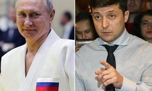 Poetin (l.) en Zelenski. beeldmontage AFP