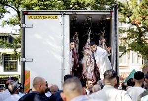 Integratie-expert Walter Palm vreest dat Tweede en Eerste Kamer de rituele slacht gaan verbieden. Grondrechtkenner Hans-Martien ten Napel vertrouwt erop dat politici bezwaren uit wetenschappelijke kring serieus nemen. Foto: klanten halen vlees voor het offerfeest bij een islamitische slagerij.  beeld ANP, Robin van Lonkhuijsen