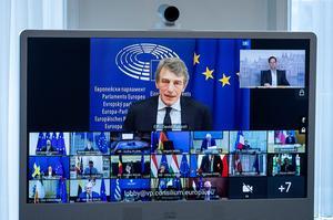 Een onlinevergadering gaat sneller en kost geen reistijd. Foto: digitale vergadering van de EU-top. beeld ANP, Sem van der Wal