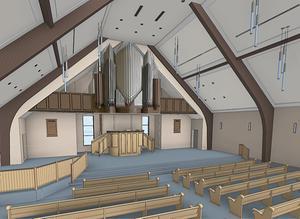 Artist impression van de nieuwe kerk met het orgel in Fort Macleod. beeld Orgelmakerij Boogaard
