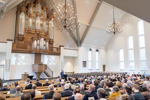 De organistendag van de Hersteld Hervormde Kerk (HHK), zaterdag in Lunteren. beeld Niek Stam