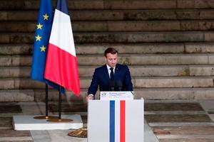 De Franse president Emmanuel Macron tijdens de herdenking van Samuel Paty, woensdag. beeld AFP, François Mori