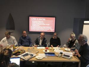 Het team achter ”Eerst Dit”: v.l.n.r.: ds. Dirk de Bree (Utrecht), ds. Jan-Maarten Goedhart (IZB-Focus), dr. Kees van Ekris (IZB), ds. Hanneke Ouwerkerk (Schoonhoven) en ds. Jeannette Westerkamp (Houten). beeld RD