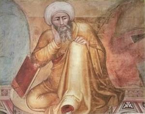 Averroës (1126-1198) op een fresco van Andrea Bonaiuto uit de veertiende eeuw. beeld Wikipedia
