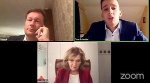 SGP-senator Diederik van Dijk (linksboven) en D66-Kamerlid Pia Dijkstra debateerden woensdag onder leiding van SGP-jongere Tom de Nooijer over abortus. beeld RD