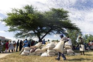 „De gevolgen van de coronapandemie voor de gezondheidssituatie in de armste landen zijn nog onduidelijk. Maar we kunnen met zekerheid zeggen dat een voedselcrisis als gevolg van slecht beleid een humanitaire ramp zal zijn.” Foto: voedselhulp voor Zimbabwe. beeld AFP, Jekesai Njikizana