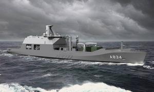 Een artist-impression van Zr.Ms. Den Helder, een nieuw bevoorradingsschip van de marine.  beeld Defensie