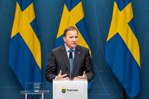 Stefan Löfven, dinsdag in Stockholm. beeld AFP, Jonathan Nackstrand