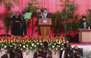 Chan Santokhi tijdens zijn inauguratie als president van Suriname. Hij volgt Desi Bouterse op. beeld ANP, Ranu Abhelakh