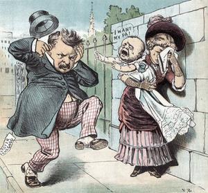 Tijdens de verkiezingscampagne van 1884 werd van de Democratische kandidaat Grover Cleveland verteld dat hij een buitenechtelijk kind zou hebben. Het gaf aanleiding tot tal van spotprenten in de media. beeld Library of Congress
