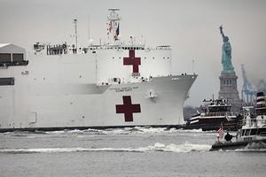 De USNS Comfort van de marine met duizend bedden aan boord passeert het Vrijheidsbeeld. beeld AFP