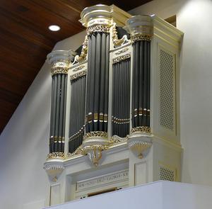 Het orgel dat Edskes in de kerk van de gereformeerde gemeente van Moerkapelle realiseerde. beeld René Qualm